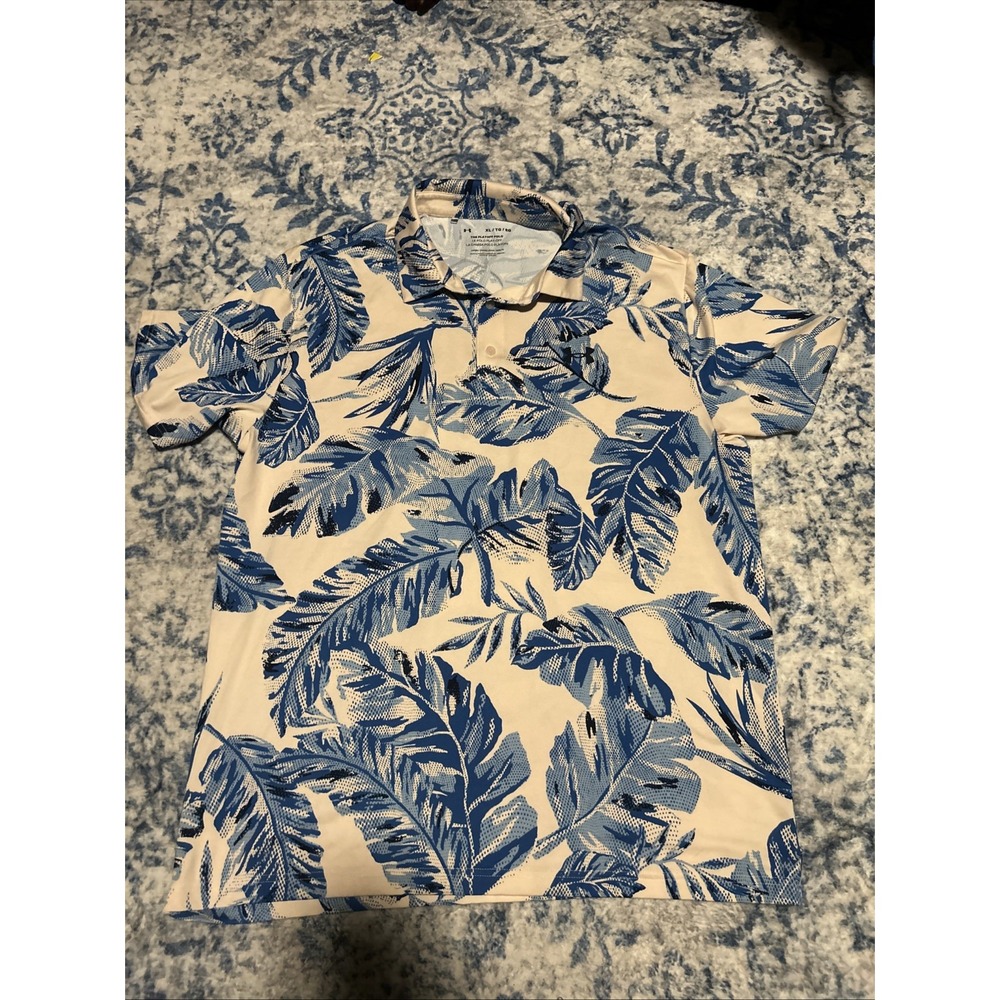 Under Armour Playoff Polo Hawaiian Floral Leafs Blue Beach Men Large Performance